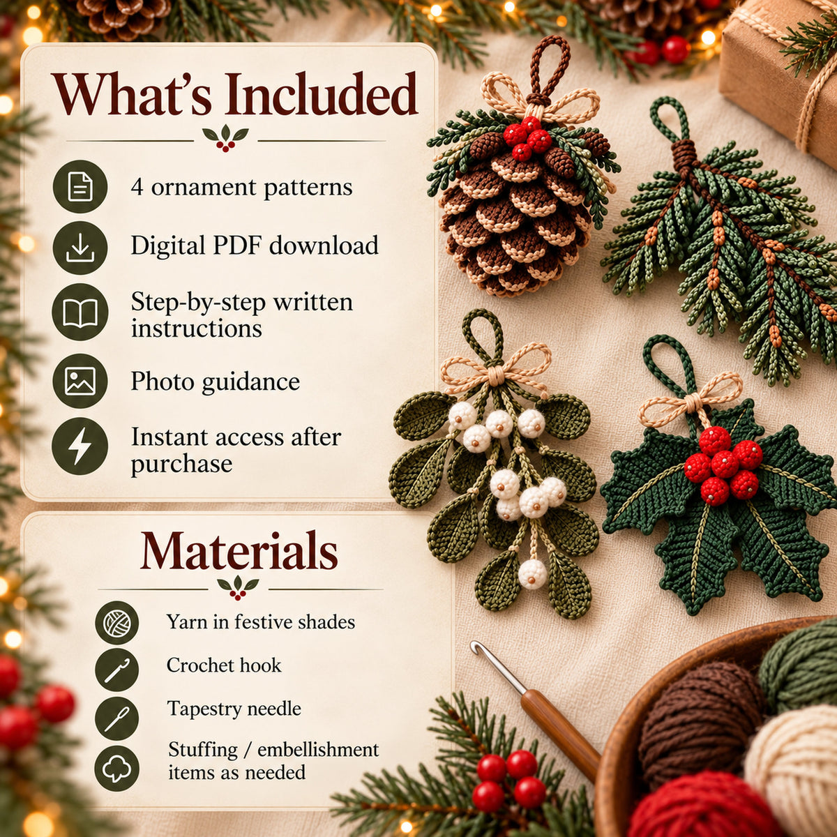 Christmas Crochet Ornament Pattern Bundle PDF | Pinecone, Mistletoe, Holly & Evergreen Decor