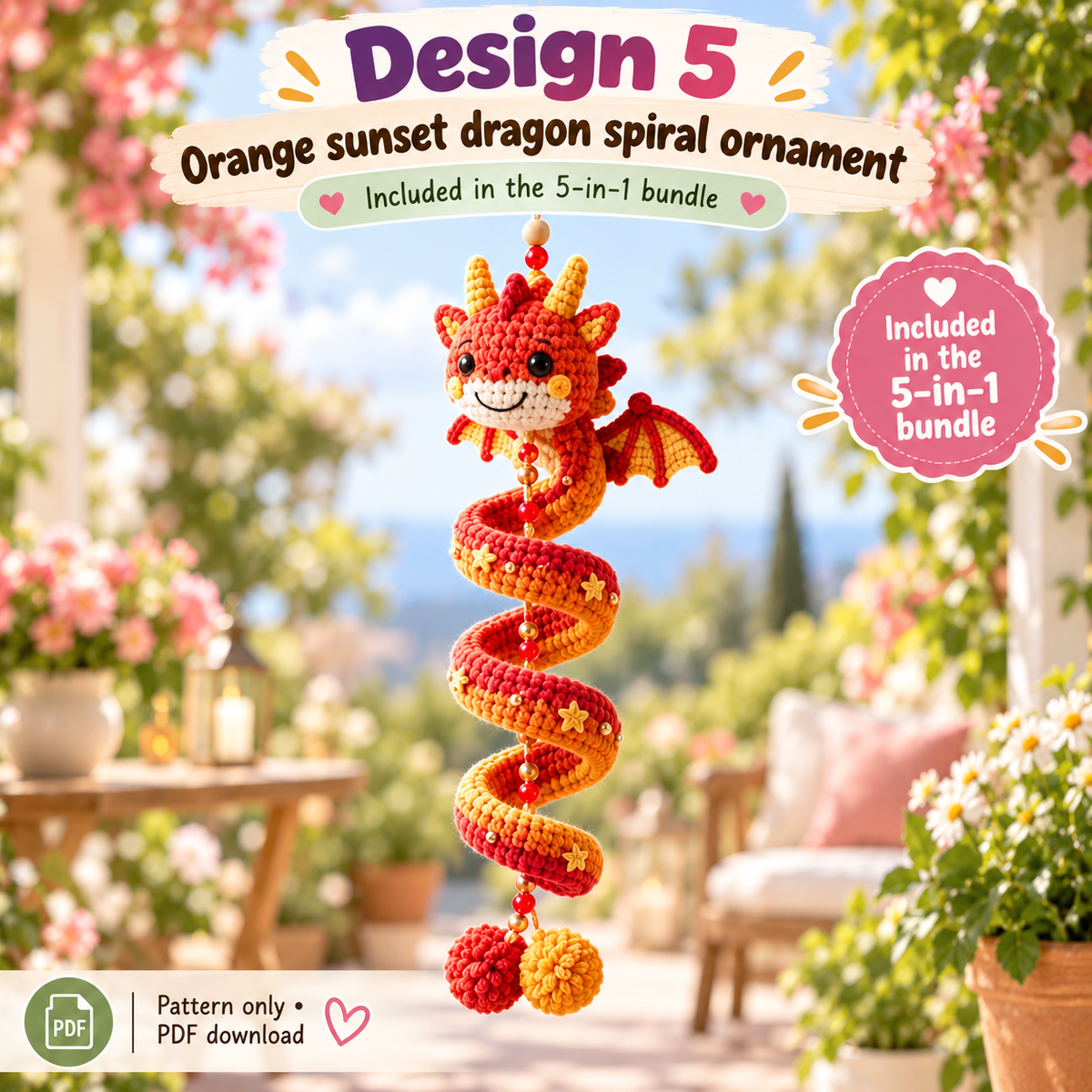 5-in-1 Dragon Crochet Pattern Bundle PDF | Spiral Hanging Dragon Ornament | Cute Fantasy Amigurumi Decor | Beginner Friendly Digital Download