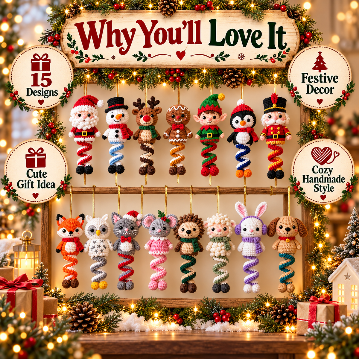 15 Christmas Spiral Amigurumi Crochet Patterns Bundle PDF | Santa, Snowman, Reindeer, Elf & Cute Holiday Hanging Ornaments
