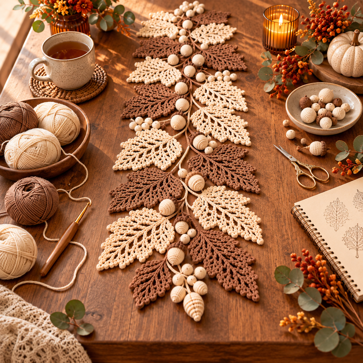 Autumn Leaf Table Runner Crochet Pattern PDF | Neutral Fall Garland with Leaves & Berries | Thanksgiving Farmhouse Decor | Digital Download