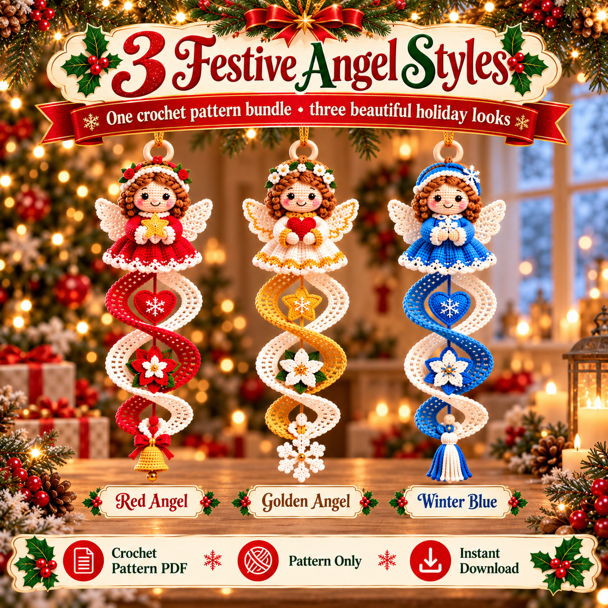 Christmas Angel Spiral Crochet Pattern PDF | Hanging Angel Ornaments | Holiday Tree & Window Decor | Digital Download