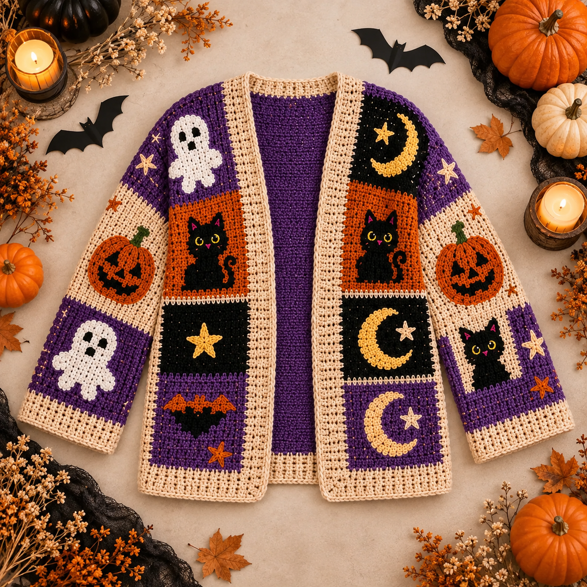 Halloween Granny Square Cardigan Crochet Pattern PDF | Spooky Patchwork Sweater | Pumpkin Ghost Cat Moon Crochet Cardigan | Sizes XS–8XL | Digital Download