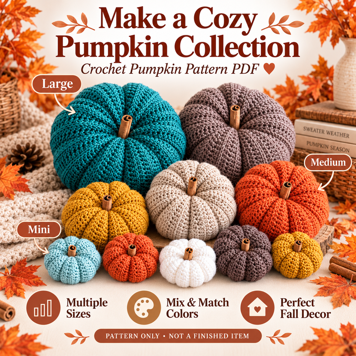 Crochet Pumpkin Pattern PDF | 6 Sizes Easy Ribbed Pumpkins | Fall & Thanksgiving Decor | Pumpkin Garland & Wreath Crochet Pattern