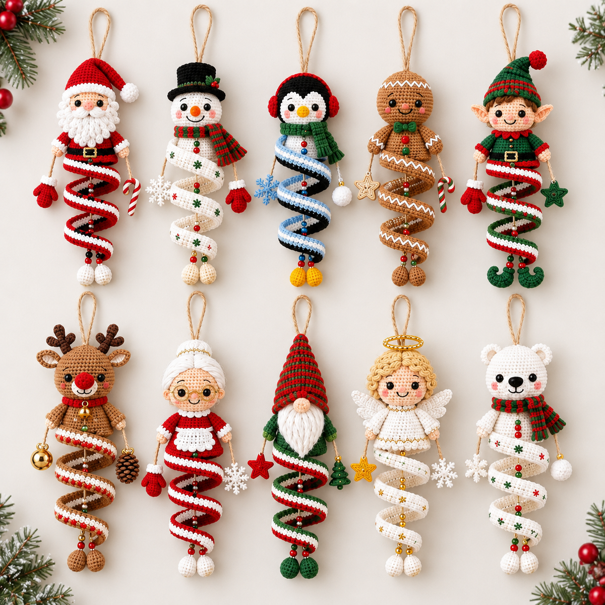 10-in-1 Christmas Spiral Ornament Crochet Pattern Bundle PDF | Santa, Snowman, Reindeer, Elf, Gnome & Angel Hanging Amigurumi Decor