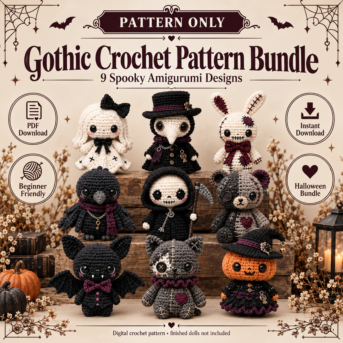 9-in-1 Gothic Voodoo Amigurumi Crochet Pattern Bundle PDF | Spooky Halloween Dolls, Plague Doctor, Grim Reaper, Bat & Witch Patterns