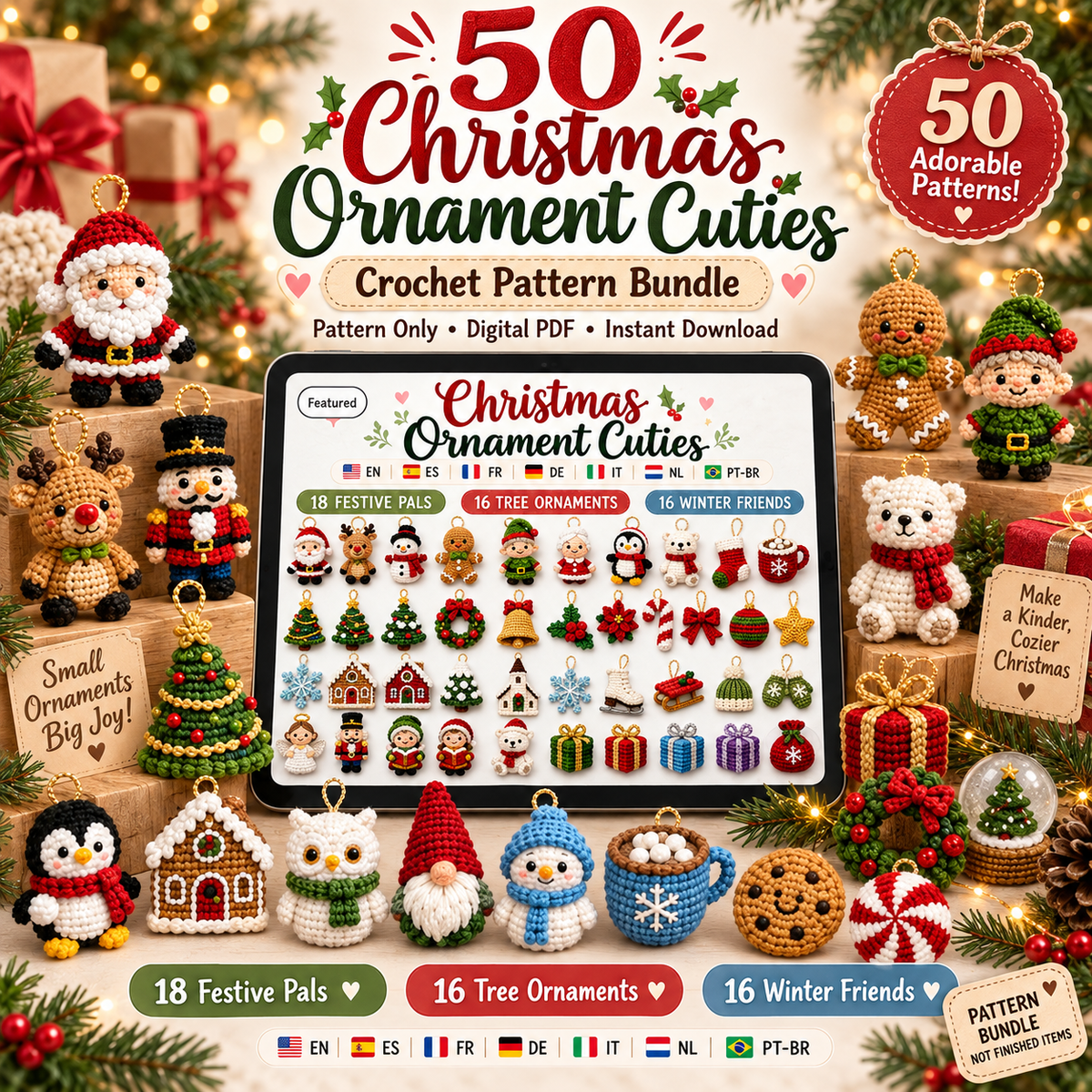 50 Christmas Crochet Ornament Patterns PDF Bundle | Mini Amigurumi Christmas Decorations, Holiday Characters & Tree Ornaments