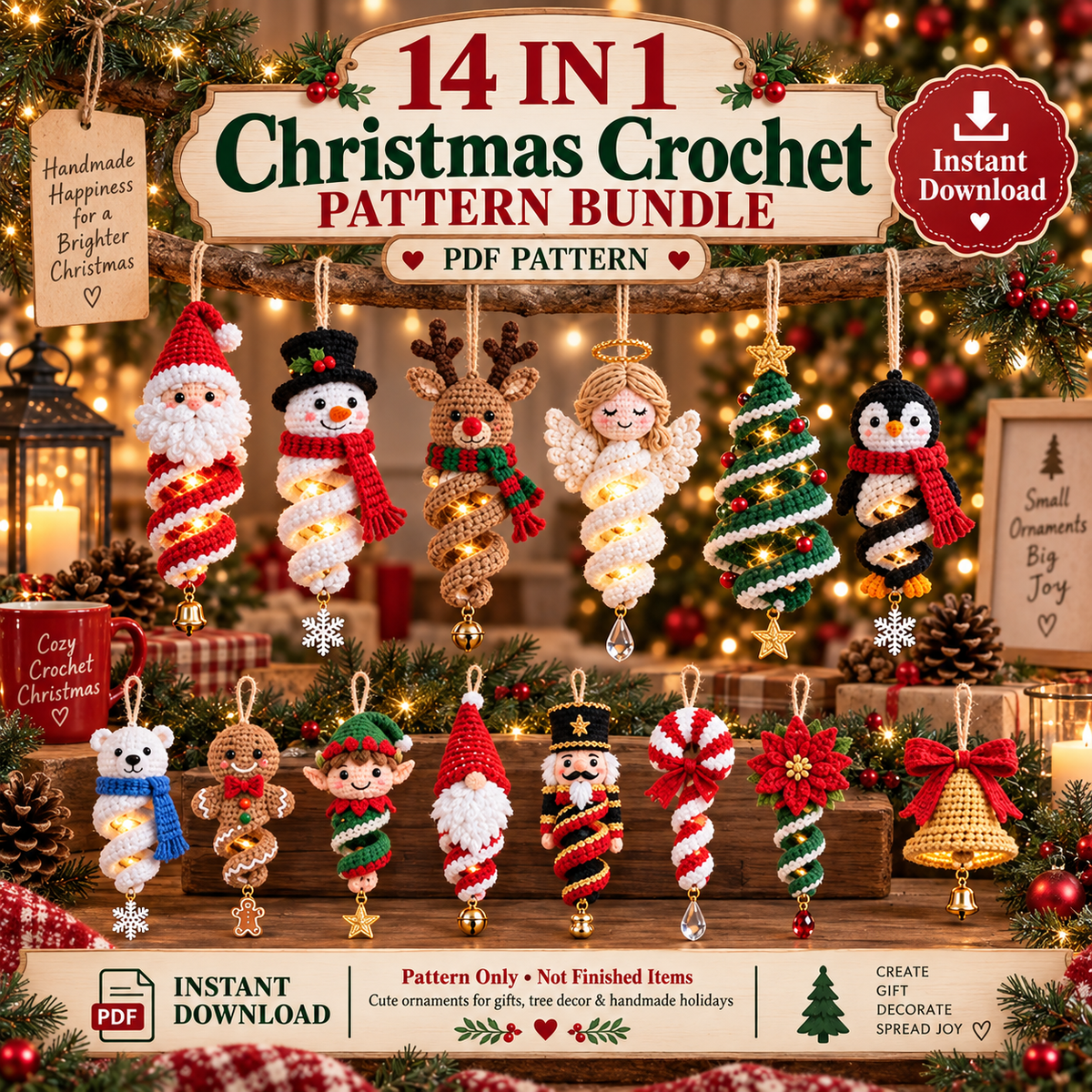 14-in-1 Christmas Crochet Ornament Pattern Bundle PDF | Spiral Hanging Decorations | Santa, Snowman, Reindeer, Gnome & Holiday Decor