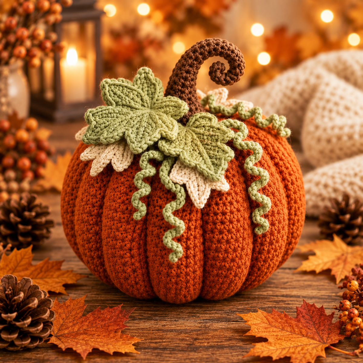 Crochet Pumpkin Pattern PDF | 3-Size Amigurumi Harvest Pumpkin | Layered Leaf & Curly Vine Fall Decor | Thanksgiving Crochet Pattern | Digital Download