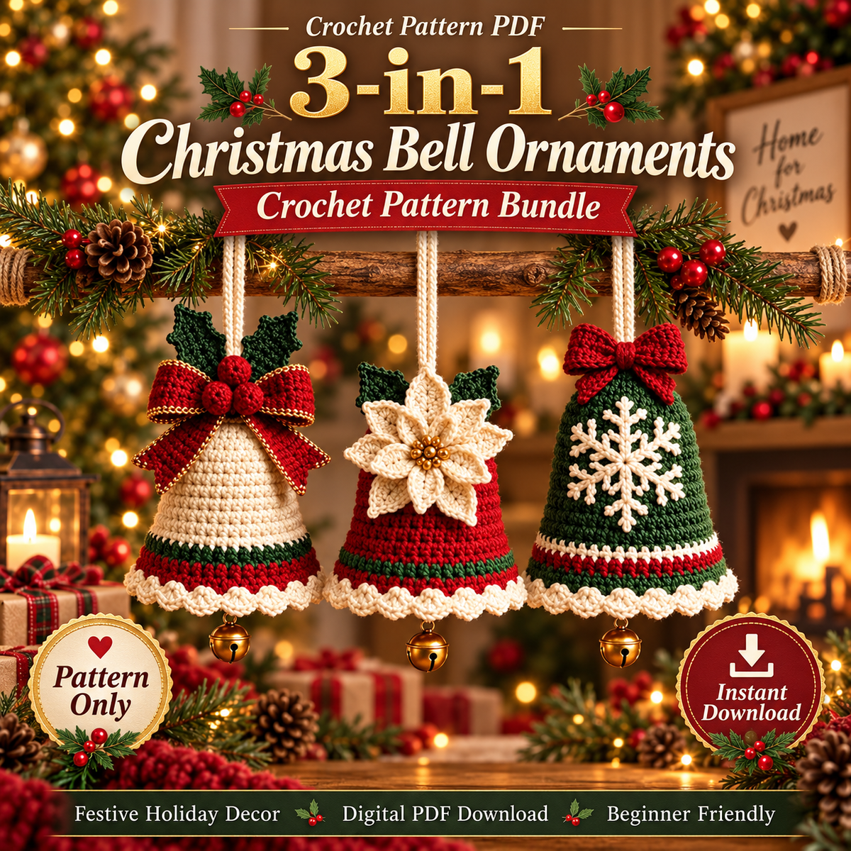 3-in-1 Christmas Bell Crochet Pattern PDF | Bow, Poinsettia & Snowflake Ornaments | 3D Holiday Tree Decor | Instant Download