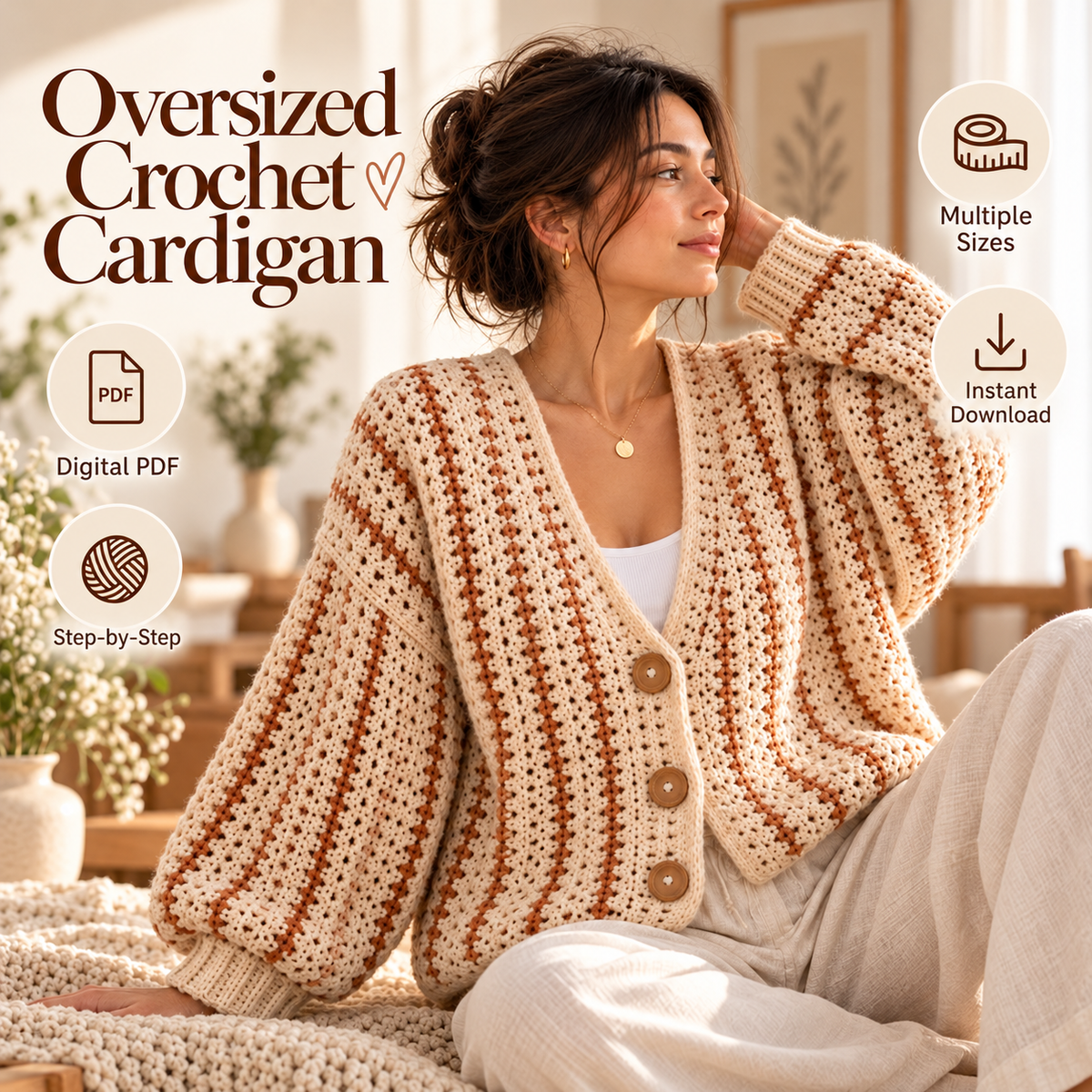 Oversized Crochet Cardigan Pattern PDF | Striped V-Neck Sweater | Cozy Balloon Sleeve Cardigan