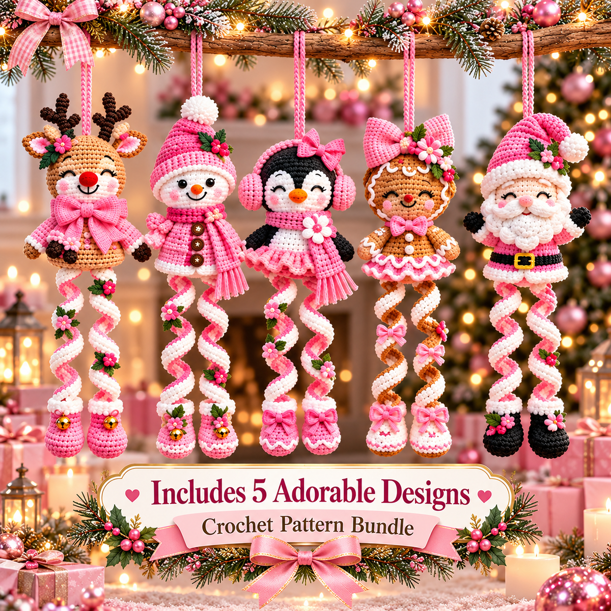5-in-1 Christmas Spiral Ornament Crochet Pattern PDF | Pink Holiday Hanging Decor