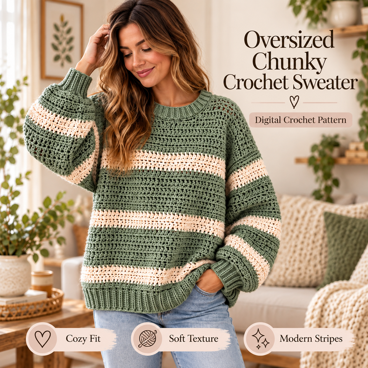 Oversized Crochet Sweater Pattern PDF | Sage & Cream Striped Pullover | Balloon Sleeve Womenās Sweater | Cozy Digital Download