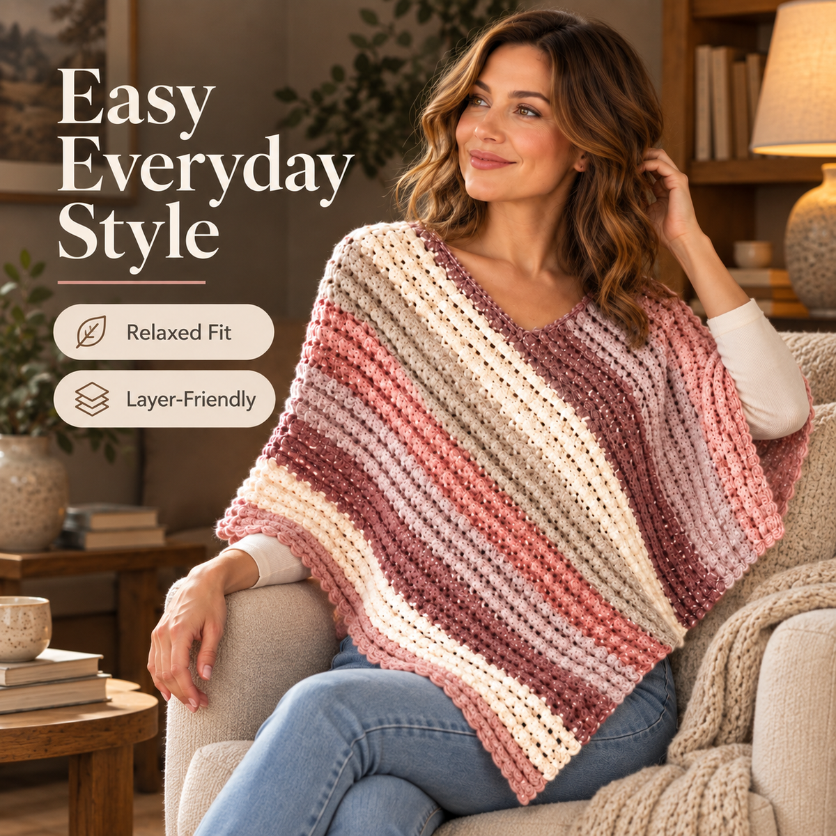 Striped Crochet Poncho Pattern PDF | Easy V-Neck Women’s Poncho | 3 Colorways | Cozy Layering Top Crochet Pattern Digital Download