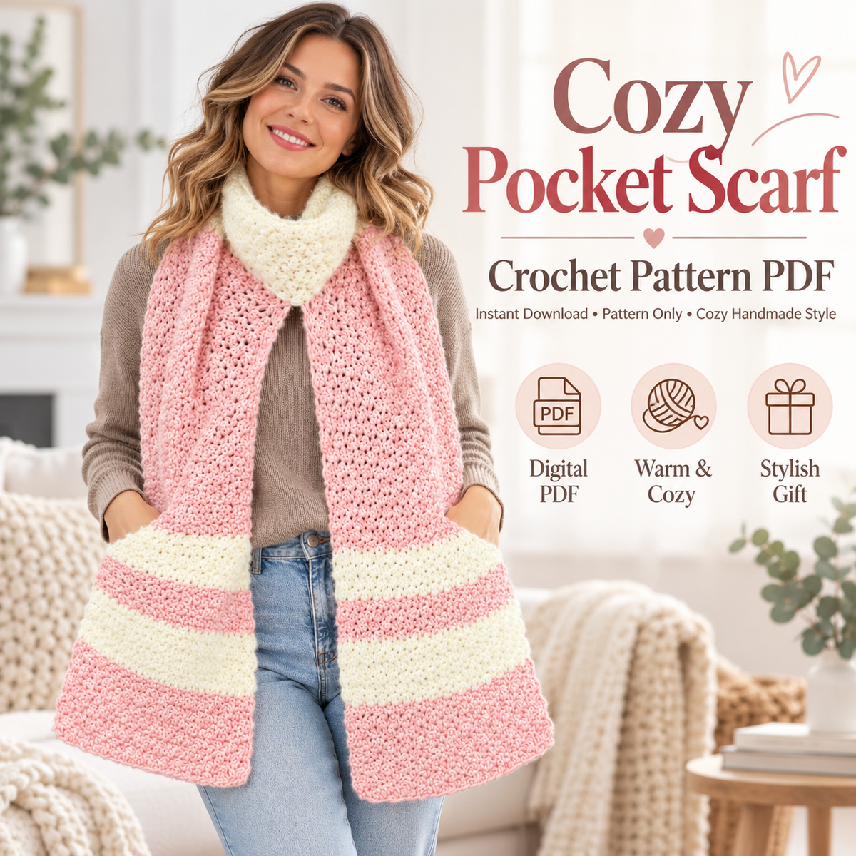 Crochet Pocket Scarf Pattern PDF | Cozy Winter Scarf with Pockets | Easy Women’s Crochet Accessory | Beginner Friendly Digital Download