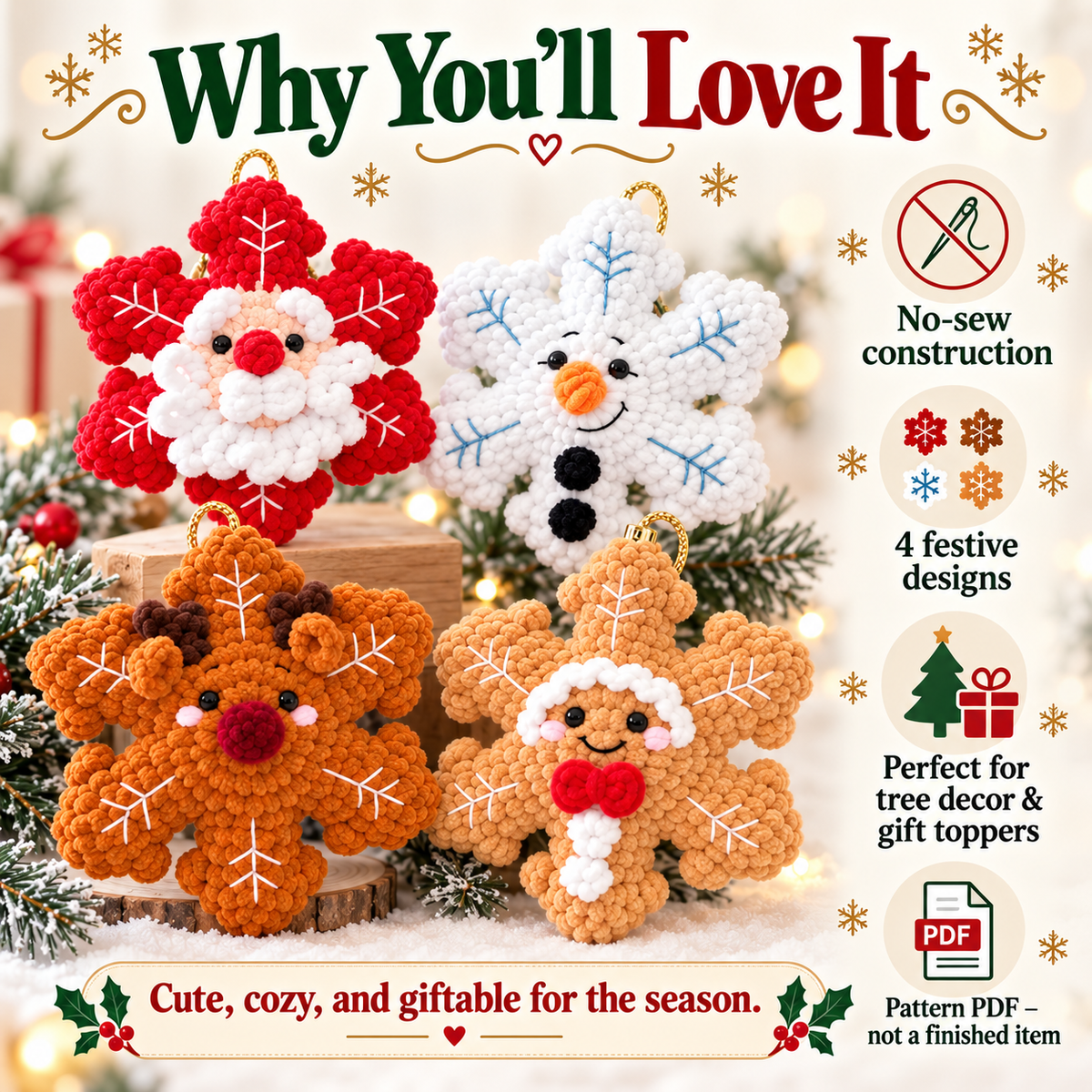 4-in-1 No-Sew Christmas Snowflake Crochet Pattern PDF | Santa, Snowman, Reindeer & Gingerbread Amigurumi Ornaments