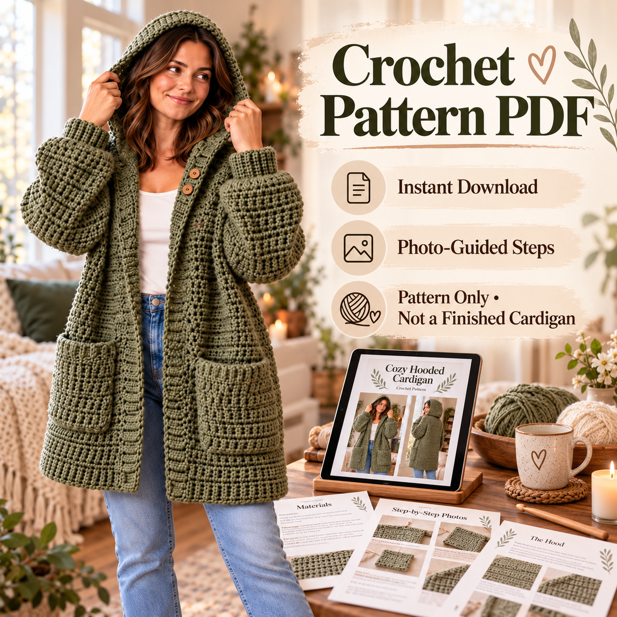 Hooded Cardigan Crochet Pattern PDF | Long Oversized Cardigan with Pockets | Cozy Womenās Sweater | Beginner Friendly Digital Download