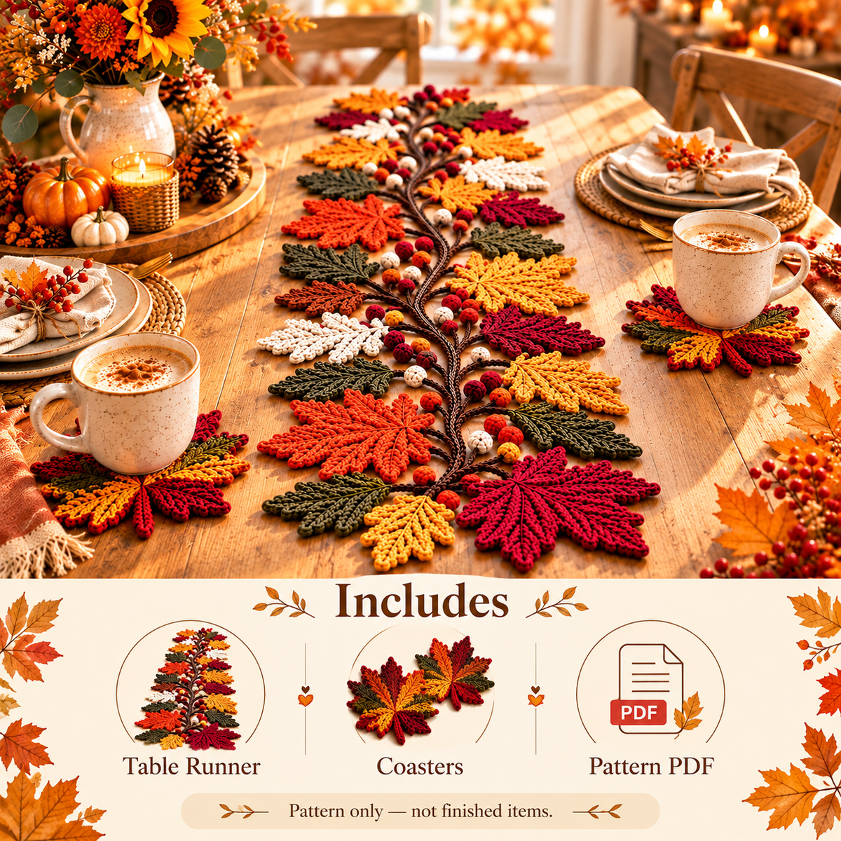 Autumn Leaf Crochet Pattern Bundle PDF | Fall Table Runner & Coasters | Thanksgiving Table Decor | Maple Leaf Crochet | Digital Download