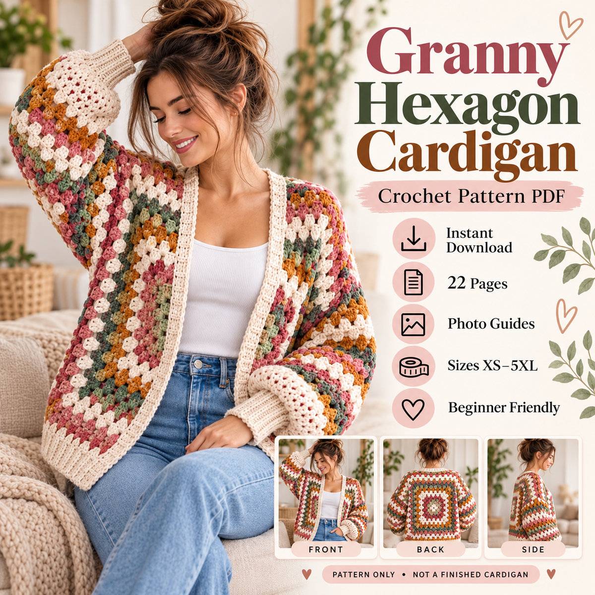 Granny Hexagon Cardigan Crochet Pattern PDF | Beginner Granny Stitch Sweater | Sizes XS–5XL | Boho Cardigan Digital Download
