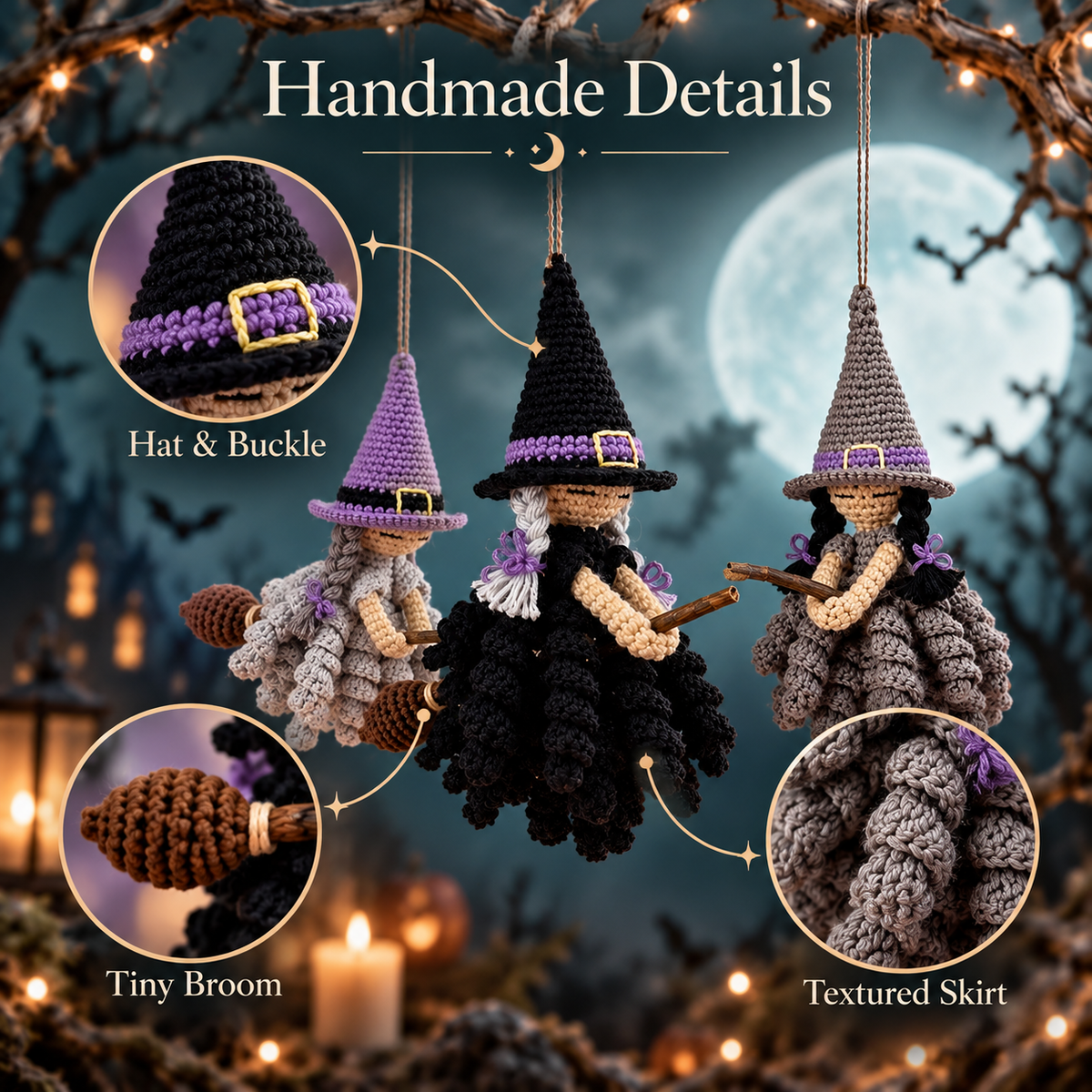 Crochet Witch Ornament Pattern PDF | 3 Halloween Witch Designs | Hanging Amigurumi Decor | Spooky Witch Crochet Digital Download