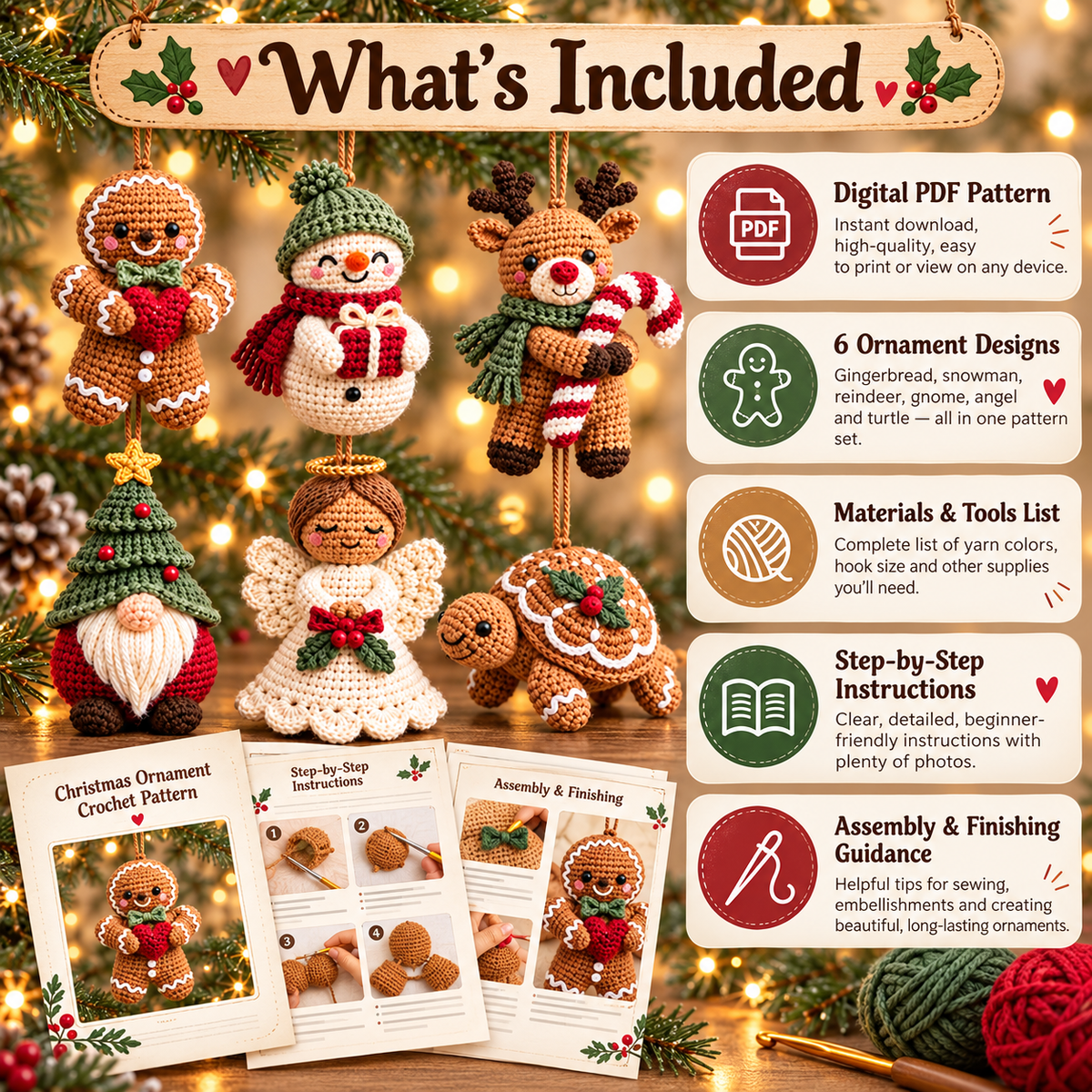 6-in-1 Christmas Crochet Ornament Pattern PDF | Gingerbread, Snowman, Reindeer, Gnome, Angel & Turtle