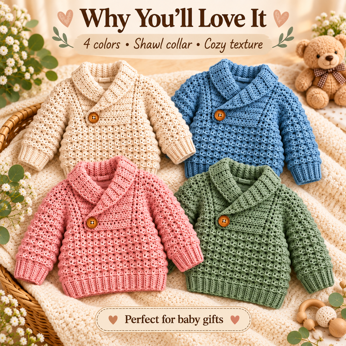 Crochet Baby Sweater Pattern PDF | Cozy Shawl Collar Pullover | Textured Baby & Toddler Sweater | 4 Colorways Digital Download
