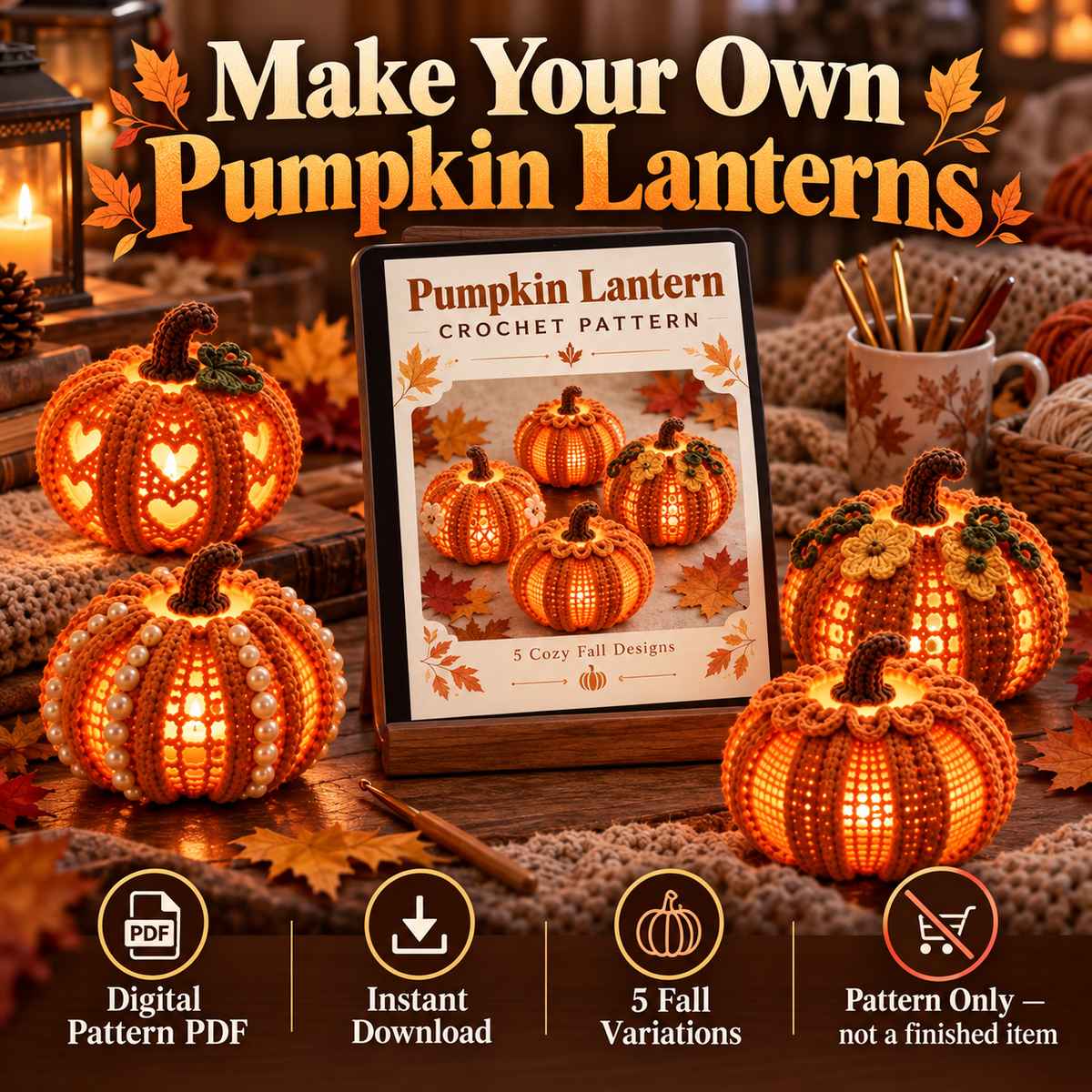 Crochet Pumpkin Lantern Pattern PDF | Light-Up Halloween Pumpkin Decor | Fall & Thanksgiving Crochet Decoration | Digital Download