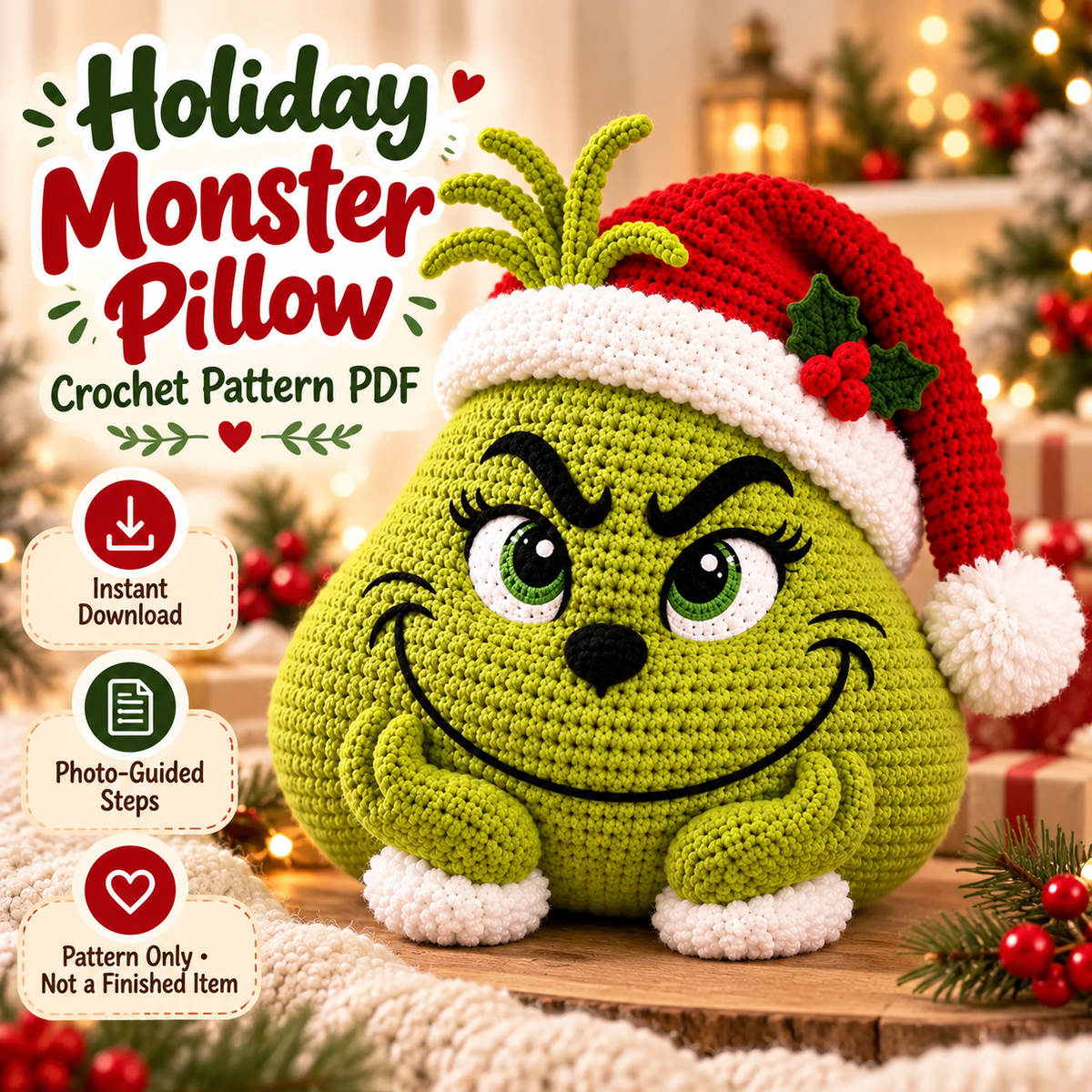 Green Holiday Monster Pillow Crochet Pattern PDF | Christmas Amigurumi Cushion | Festive Home Decor | Instant Digital Download