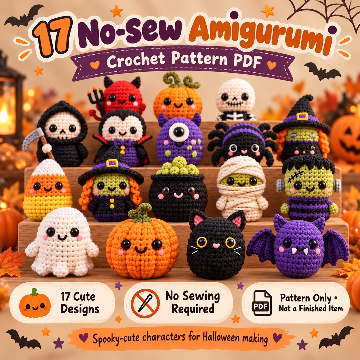 17-in-1 No-Sew Halloween Crochet Pattern Bundle PDF | Ghost, Pumpkin, Witch, Bat & Spooky Amigurumi | Beginner Friendly