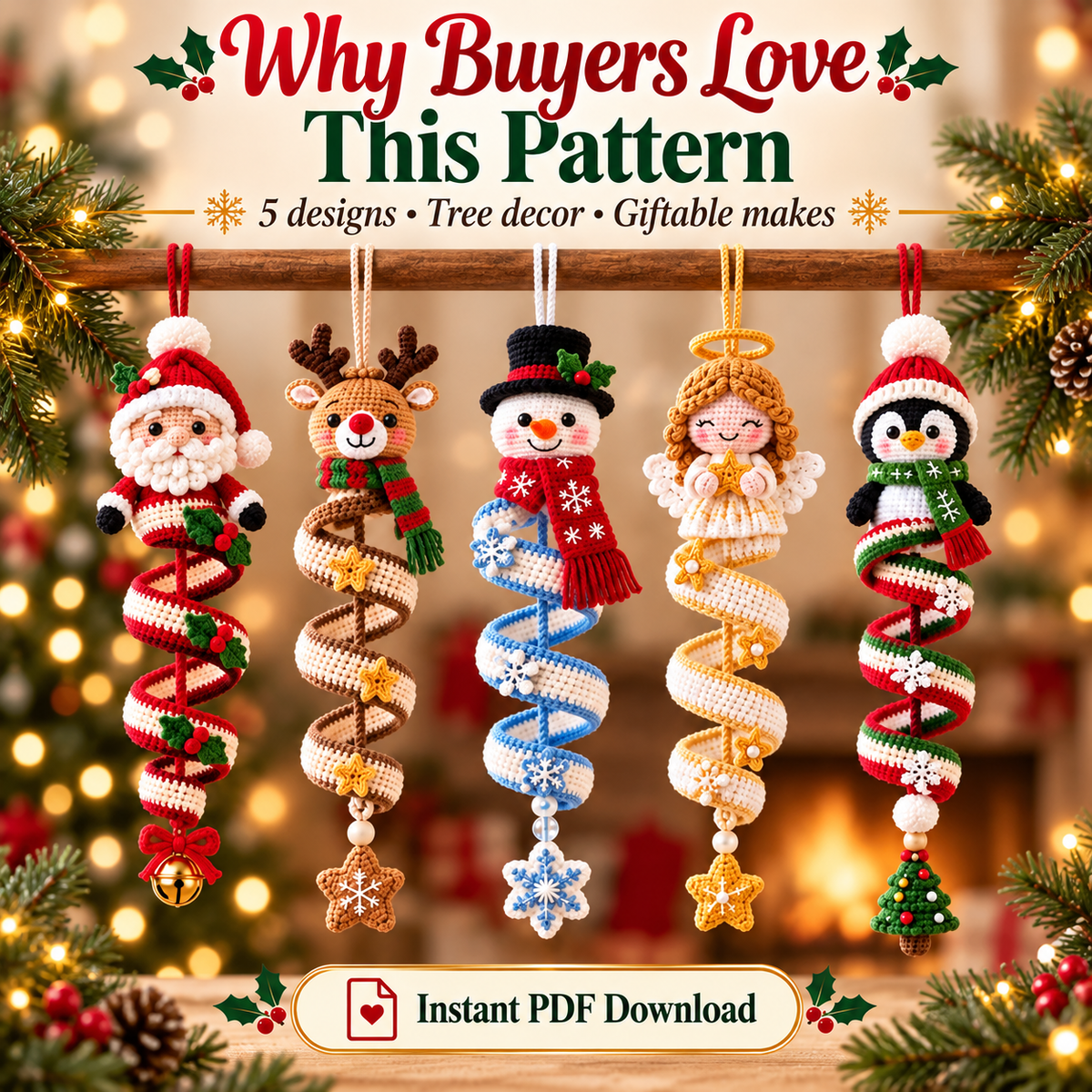 Christmas Character Spiral Ornament Crochet Pattern PDF | 5-in-1 Santa Reindeer Snowman Angel Penguin Ornaments Instant Download