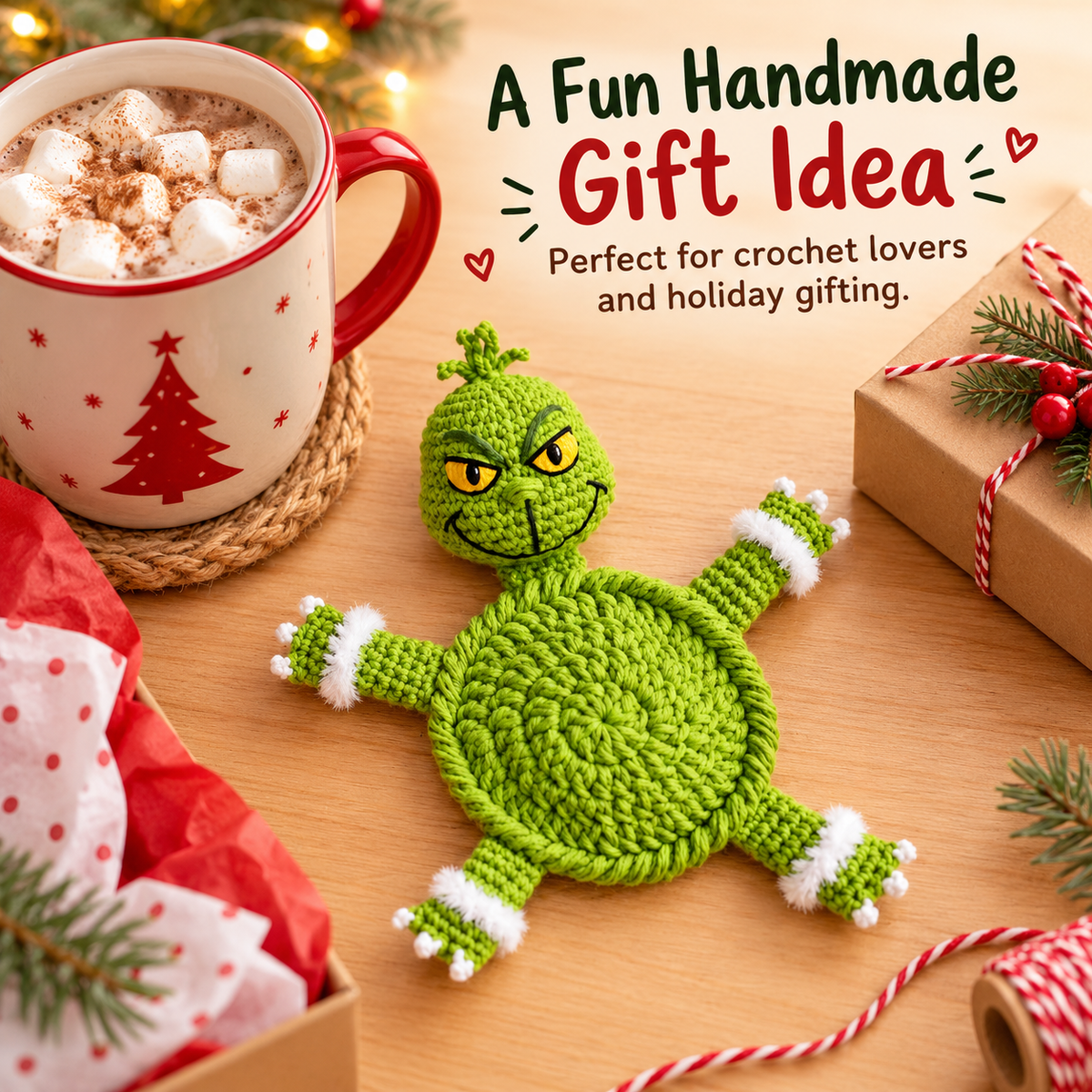 Holiday Monster Coaster Crochet Pattern PDF | Green Christmas Character Mug Rug | Whimsical Winter Decor | Instant Digital Download