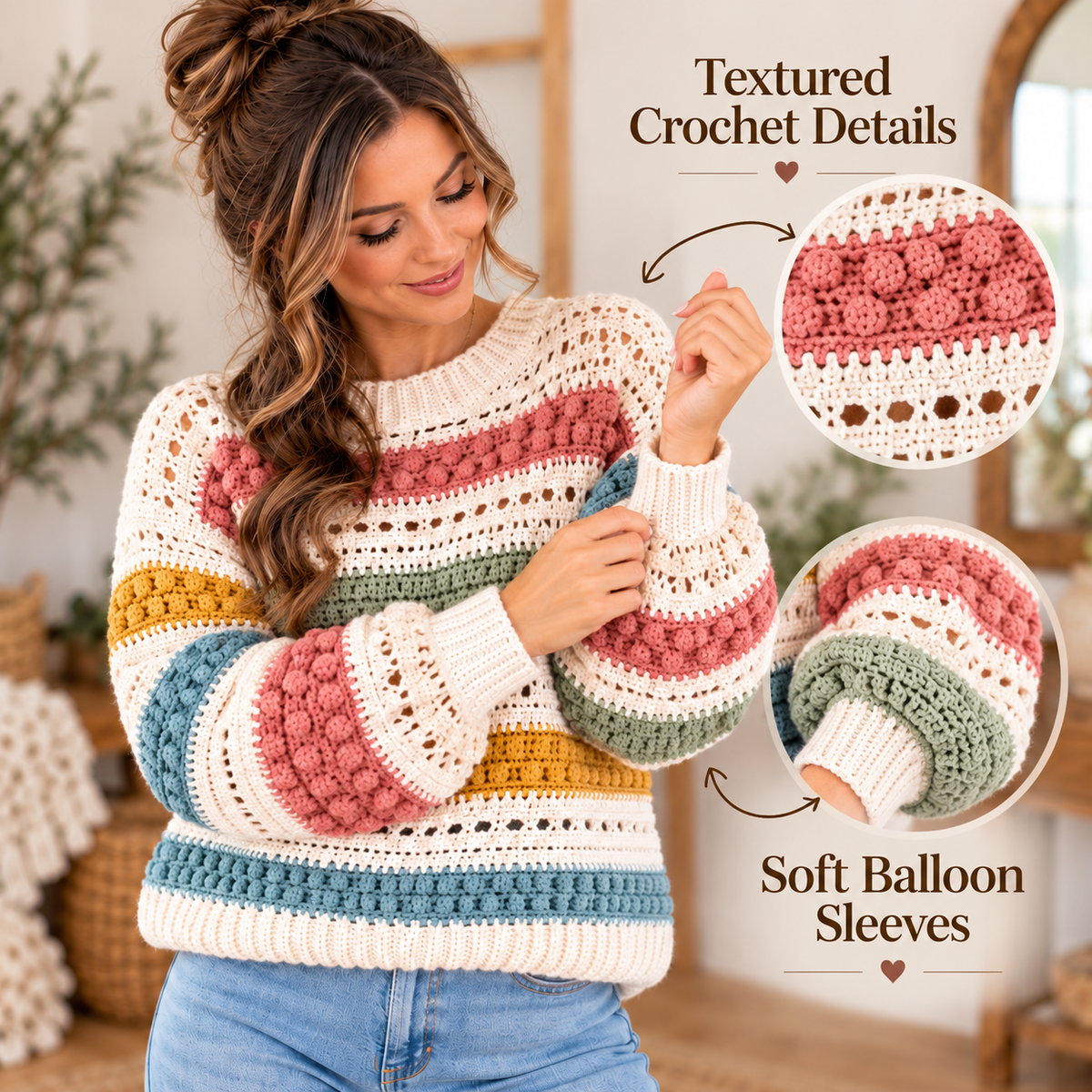 Boho Striped Crochet Sweater Pattern PDF | Textured Openwork Pullover for Women | Digital Download