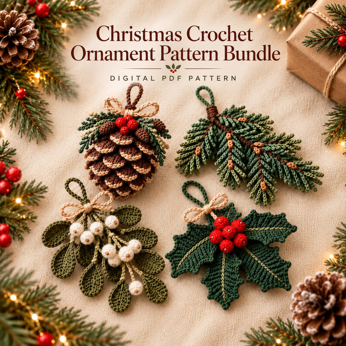 Christmas Crochet Ornament Pattern Bundle PDF | Pinecone, Mistletoe, Holly & Evergreen Decor