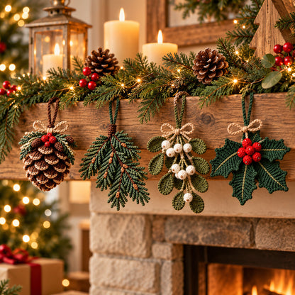 Christmas Crochet Ornament Pattern Bundle PDF | Pinecone, Mistletoe, Holly & Evergreen Decor
