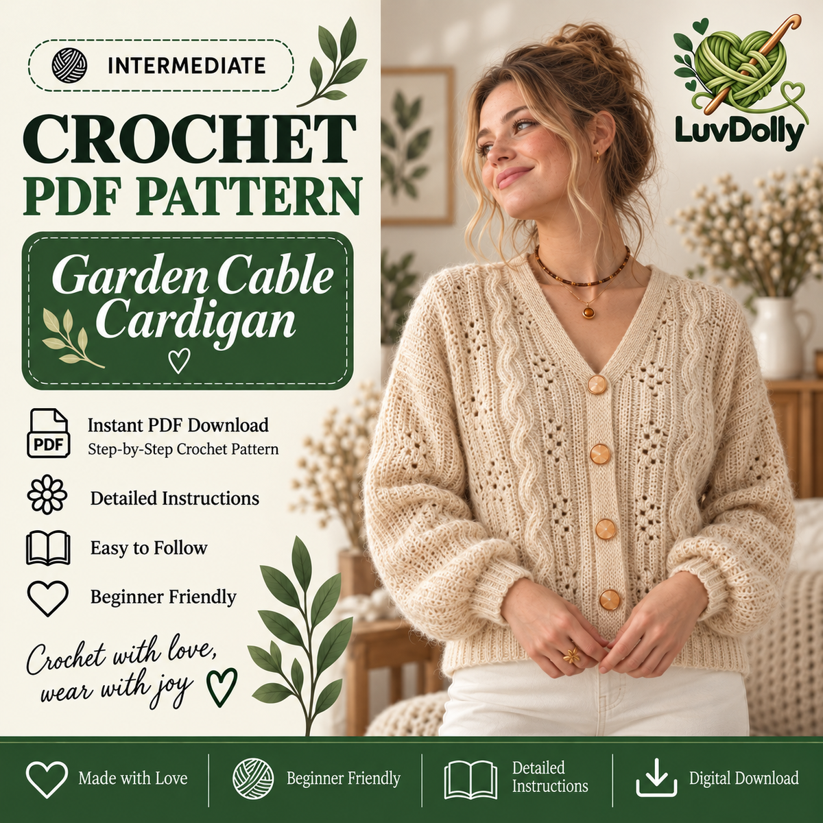 Cable Crochet Cardigan Pattern PDF | V-Neck Women’s Cardigan | Made-to-Measure Sweater with Statement Buttons | Digital Download