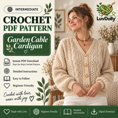 Cable Crochet Cardigan Pattern PDF | V-Neck Women’s Cardigan | Made-to-Measure Sweater with Statement Buttons | Digital Download