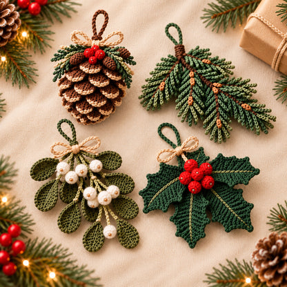 Christmas Crochet Ornament Pattern Bundle PDF | Pinecone, Mistletoe, Holly & Evergreen Decor