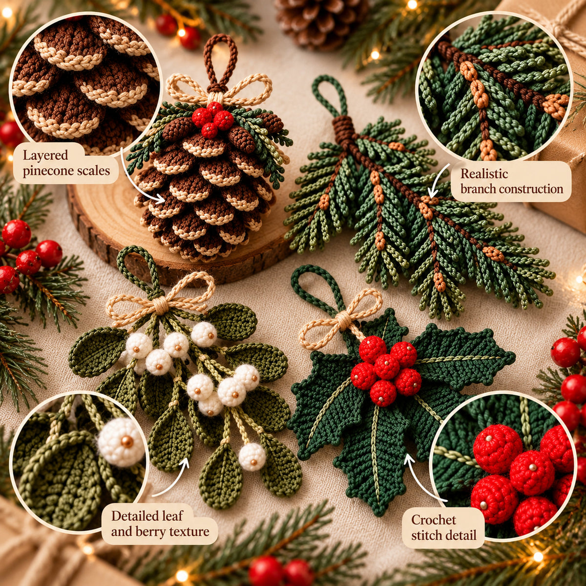 Christmas Crochet Ornament Pattern Bundle PDF | Pinecone, Mistletoe, Holly & Evergreen Decor