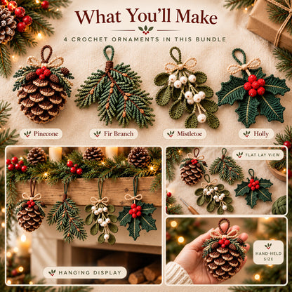 Christmas Crochet Ornament Pattern Bundle PDF | Pinecone, Mistletoe, Holly & Evergreen Decor