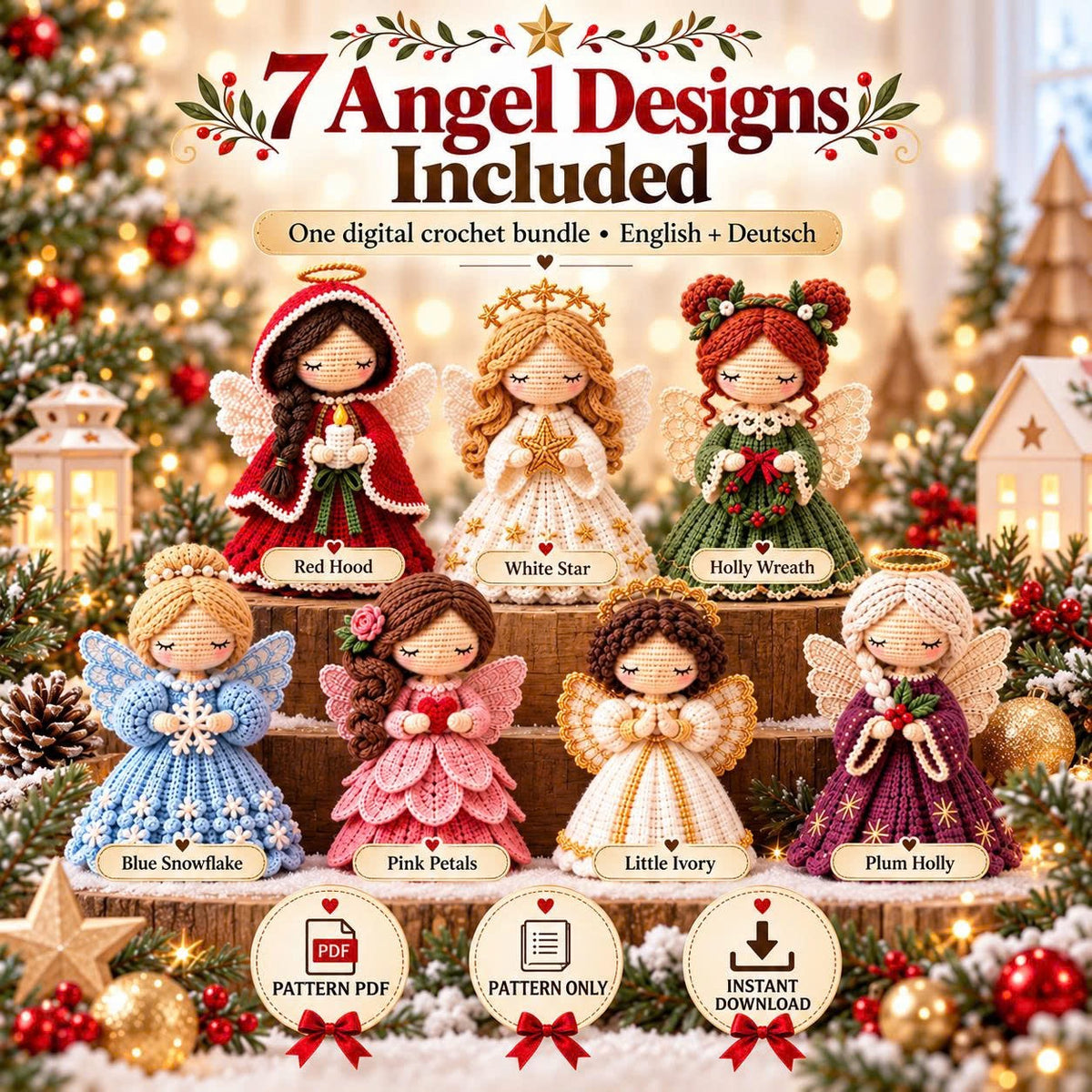 7-in-1 Christmas Angel Crochet Pattern Bundle PDF | Amigurumi Angel Dolls & Holiday Decor | English + German Digital Download