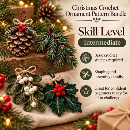 Christmas Crochet Ornament Pattern Bundle PDF | Pinecone, Mistletoe, Holly & Evergreen Decor