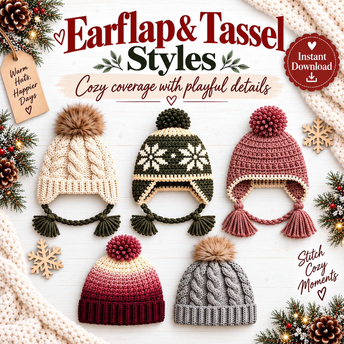 25 Winter Crochet Hat Patterns Bundle PDF | Beanies, Pom-Pom Hats, Earflaps & Colorwork | Cozy Winter Accessories Digital Download