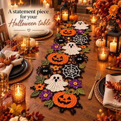 Halloween Crochet Table Runner Pattern PDF | Pumpkin Ghost Spider & Spiderweb Motifs | Spooky Fall Table Decor | Halloween Crochet Decoration