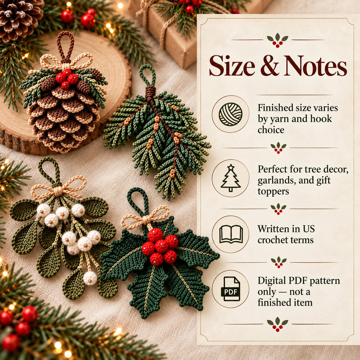 Christmas Crochet Ornament Pattern Bundle PDF | Pinecone, Mistletoe, Holly & Evergreen Decor