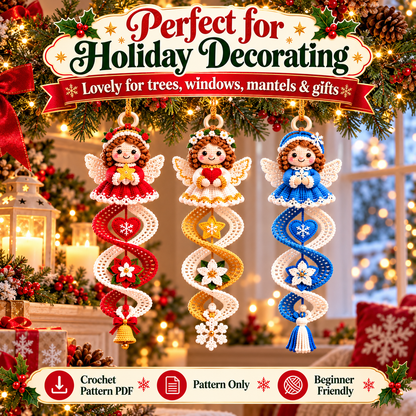 Christmas Angel Spiral Crochet Pattern PDF | Hanging Angel Ornaments | Holiday Tree & Window Decor | Digital Download