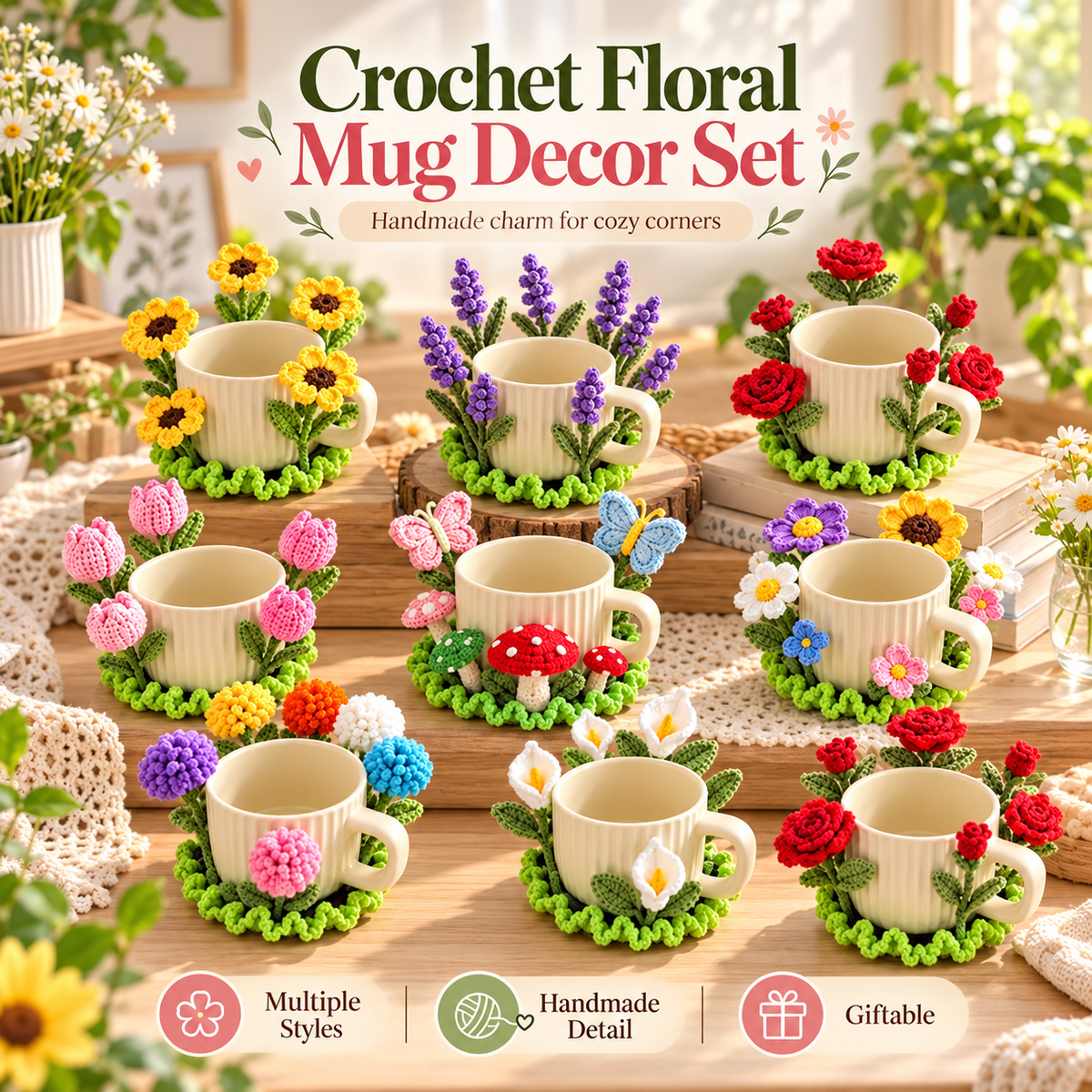 10+ Flower Mug Coaster Crochet Patterns PDF | Sunflower, Rose, Tulip & Lavender Designs | Floral Cup Decor Digital Download