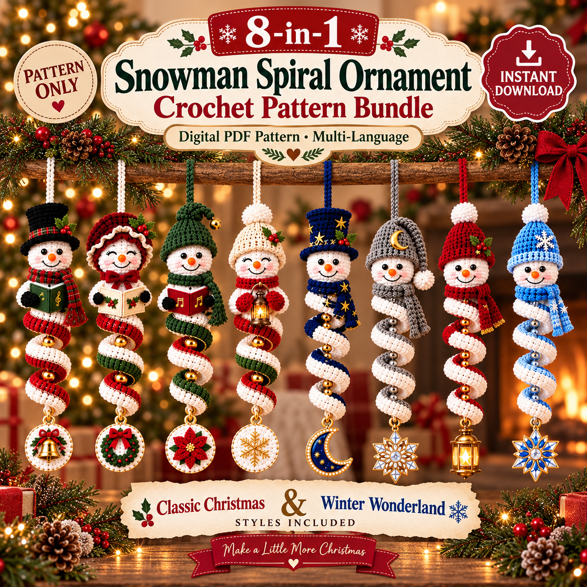 8 Snowman Wind Spinner Crochet Patterns PDF | Christmas Spiral Hanging Ornaments | Holiday Snowman Decor | 4 Languages Included