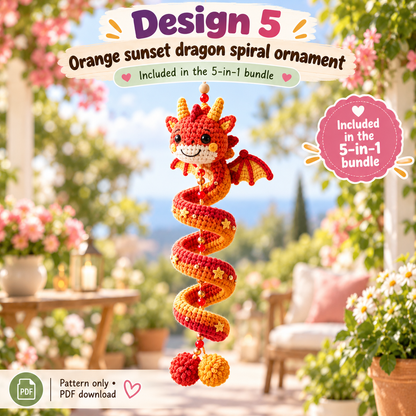 5-in-1 Dragon Crochet Pattern Bundle PDF | Spiral Hanging Dragon Ornament | Cute Fantasy Amigurumi Decor | Beginner Friendly Digital Download