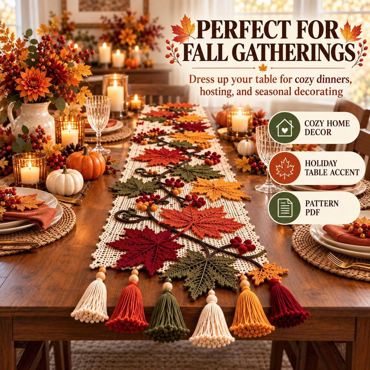Autumn Maple Leaf Table Runner Crochet Pattern PDF | Fall & Thanksgiving Table Decor | Crochet Leaves, Berries & Tassels | Digital Download