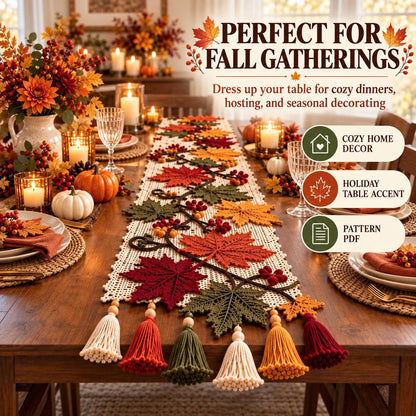 Autumn Maple Leaf Table Runner Crochet Pattern PDF | Fall & Thanksgiving Table Decor | Crochet Leaves, Berries & Tassels | Digital Download