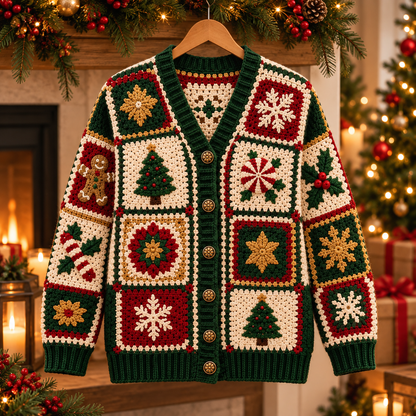 Christmas Granny Square Cardigan Crochet Pattern PDF | Holiday Patchwork Sweater | Snowflake Tree Gingerbread Crochet Cardigan | Sizes XS–3XL | Digital Download